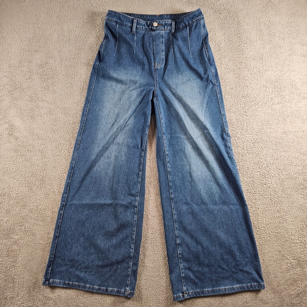 Halara Flex Denim High Waisted Wide Leg Pleated Jeans Blue Size Large W30 Large